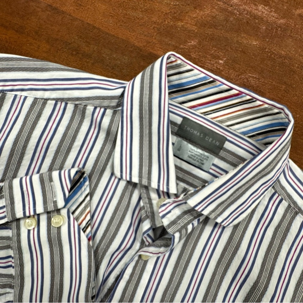 Thomas Dean Men’s Striped Button Down Shirt Cotton‎ Blend Size L
